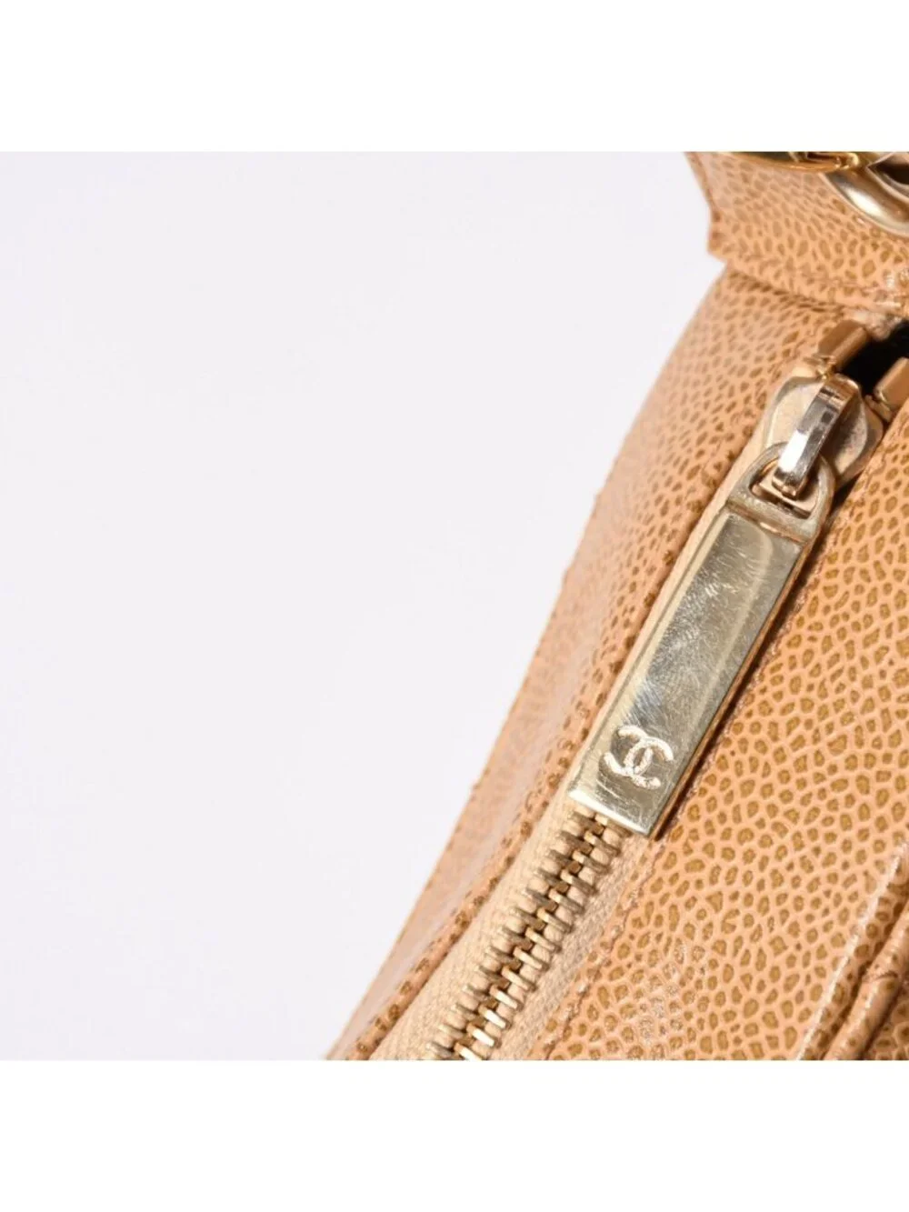 Chanel Chain Bag CC Logo Patch Caviar Leather Beige Gold